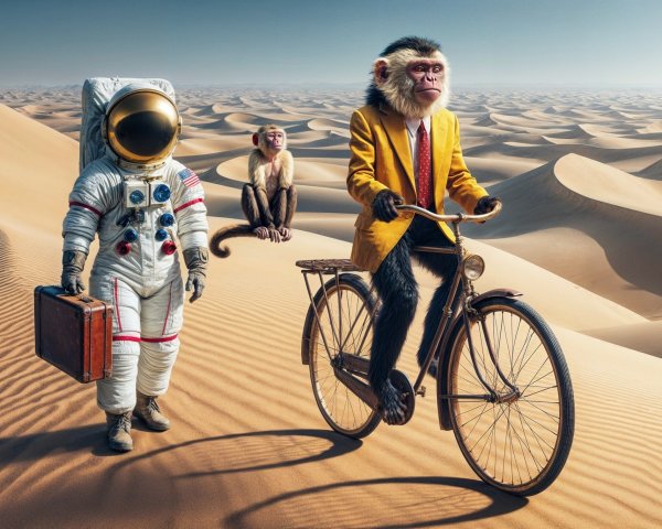 Surreal Desert Scene with Astronaut and Monkeys