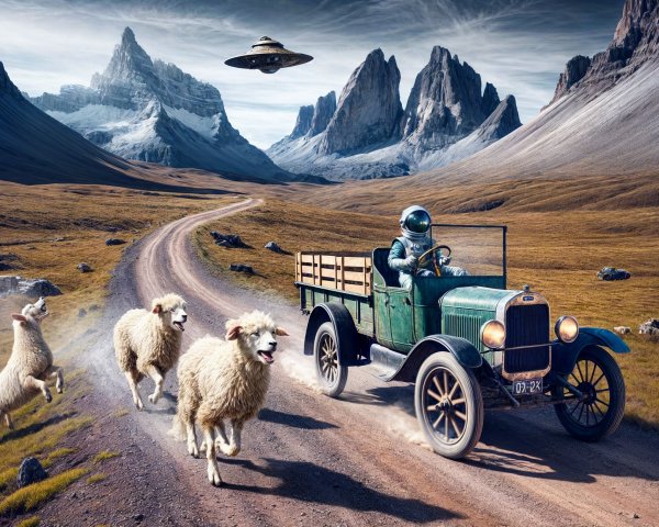 Astronaut in Vintage Truck on Rugged Mountain Road