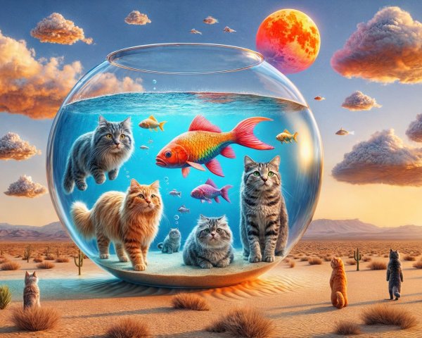 Surreal Desert Scene with Cats and Colorful Fish