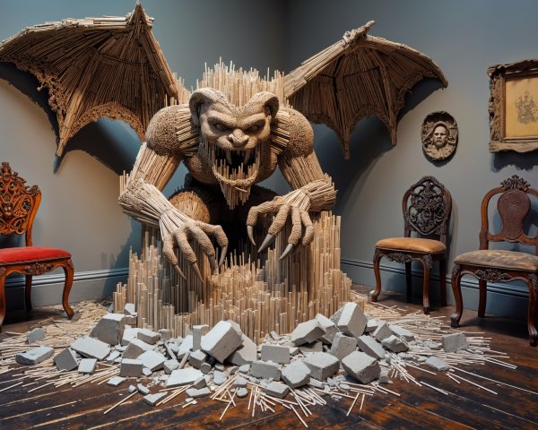 Dramatic Sculpture of Menacing Creature in Gallery
