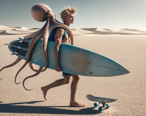 Young man with surfboard and octopus in desert dunes