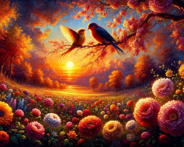 Sunset Over Vibrant Spring Landscape with Birds