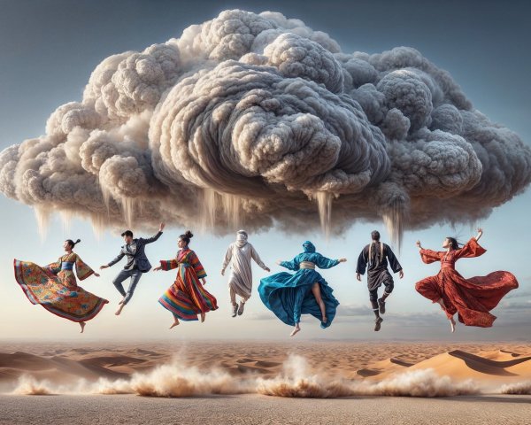 Surreal Desert Scene with Colorful Figures and Rain