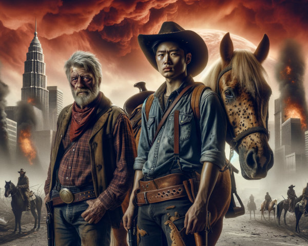 Cowboy and Gunslinger in Post-Apocalyptic Cityscape