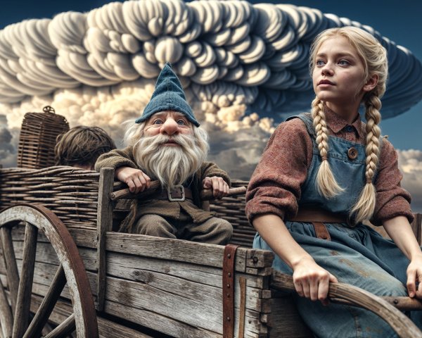 Young girl and gnome in a cart with stormy backdrop