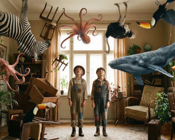 Boys in Upside Down Room with Animals and Chaos