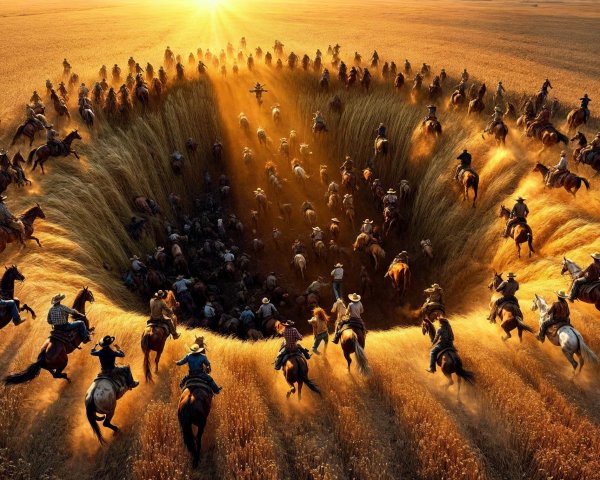 Dramatic Scene in Wheat Field with Horse Riders and Hole
