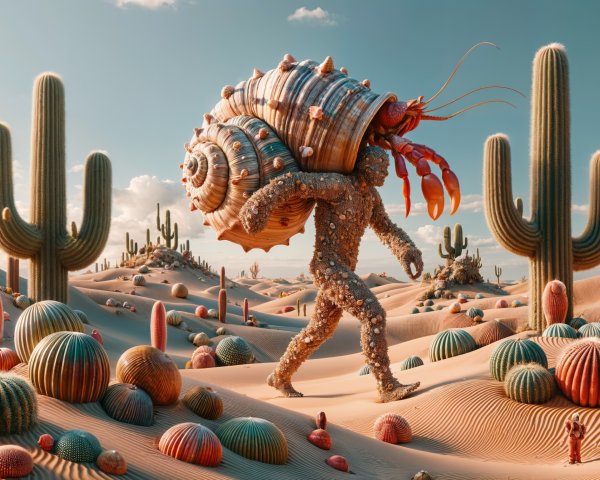 Surreal Desert Scene with Whimsical Hermit Crab Figure
