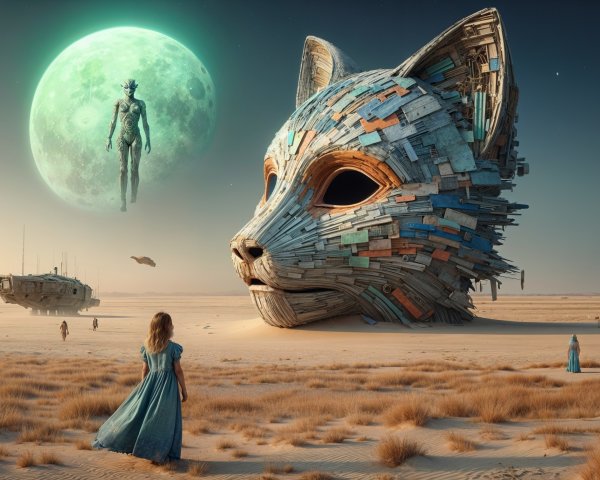 Surreal Desert Scene with Giant Cat Head and Moon