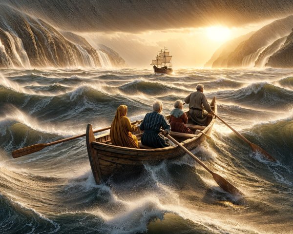 Small Boat Faces Stormy Waves in Dramatic Seascape