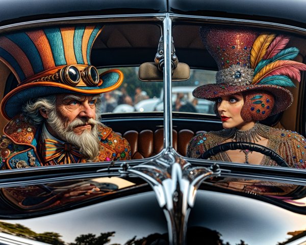 Vintage Car Scene with Steampunk Fashion and Conversation