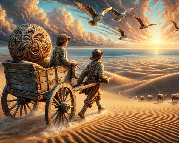 Desert Landscape with Cart and Giant Yarn Ball