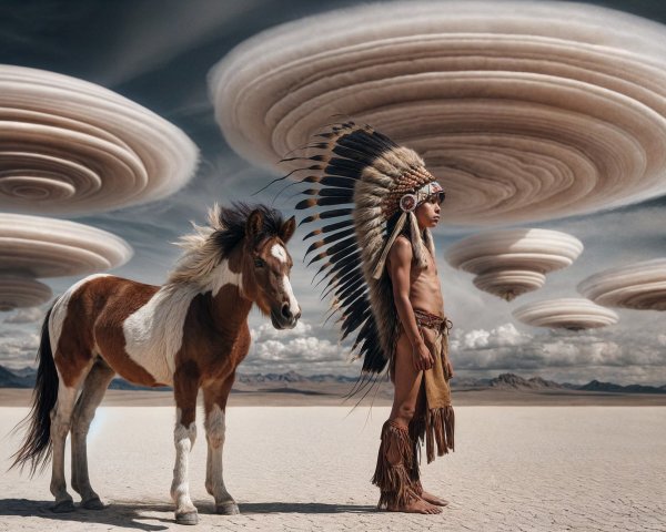 Surreal Desert Landscape with Tribal Attire and Horse