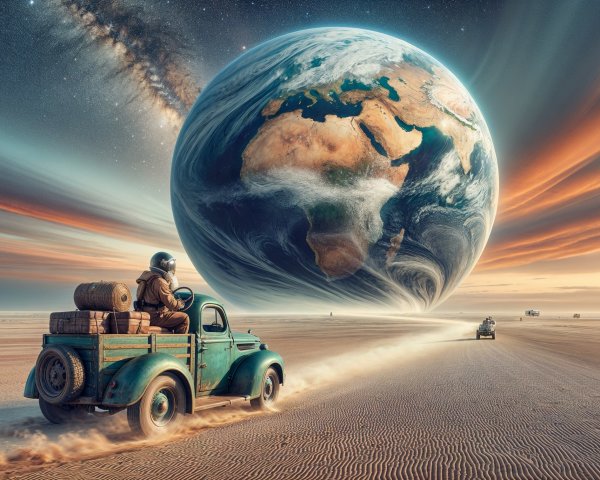 Vintage pickup truck in surreal desert with astronaut