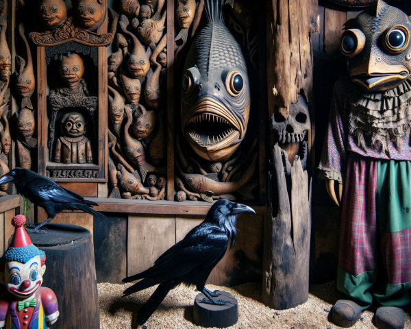 Dimly Lit Room with Intricate Carvings and Figures