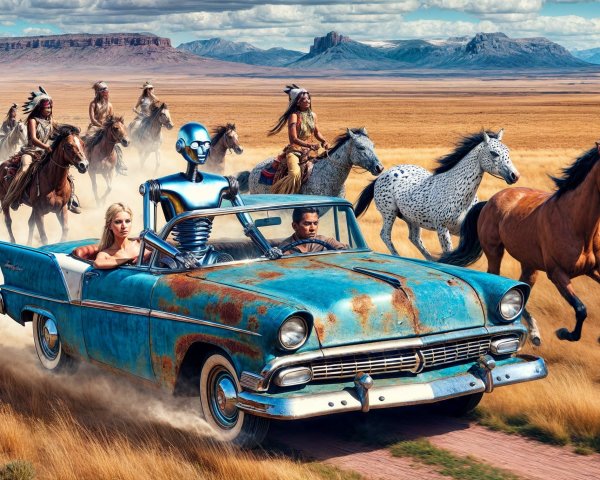 Rusted Convertible with Robot and Woman in Golden Landscape