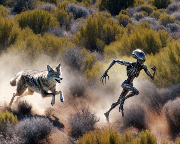 Alien Figure and Coyote in Dusty Landscape Action