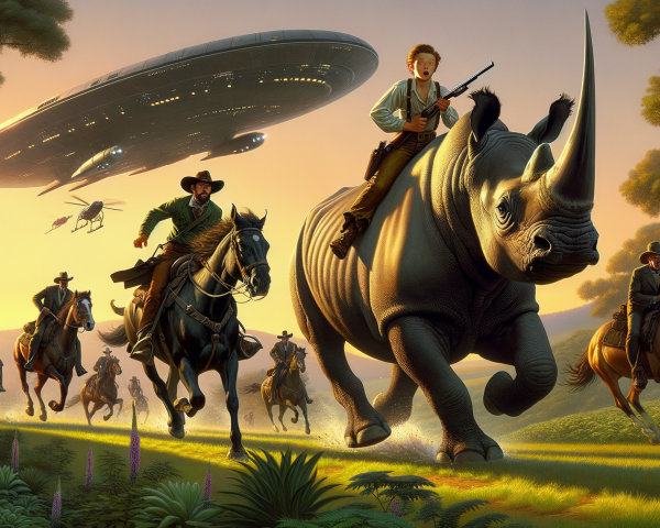 Cowboys and Rhinoceros in a Surreal Landscape