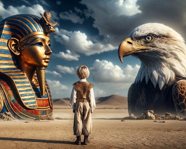 Surreal Desert Scene with Pharaoh Statue and Eagle