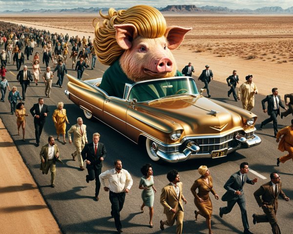 Surreal Desert Scene with Pig in Golden Cadillac