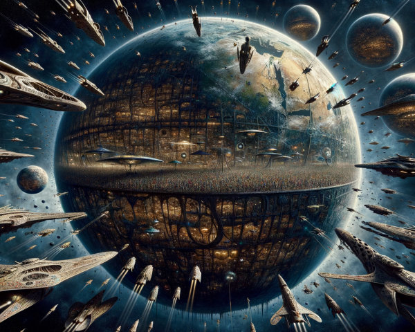 Futuristic Cosmic Scene with Planet and Spaceships