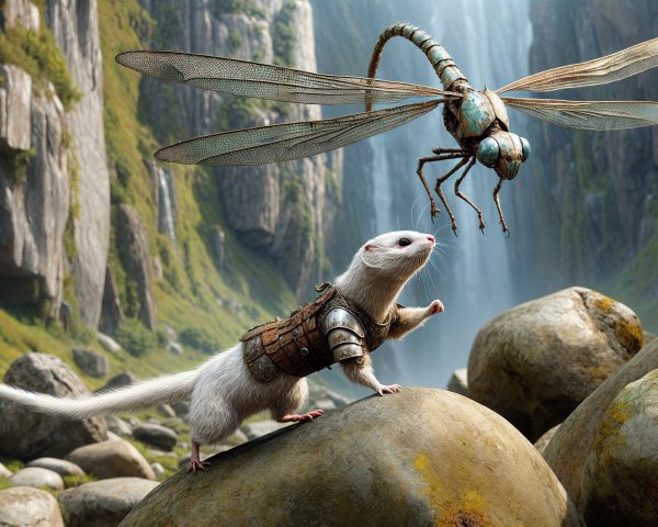 Armored White Ferret in Mystical Landscape with Dragonfly