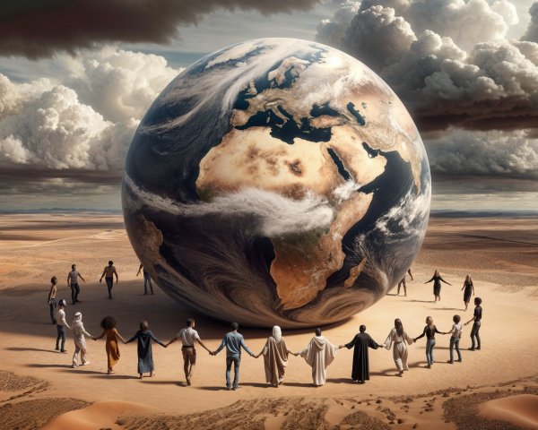 Diverse Group Holding Hands Around Globe in Desert