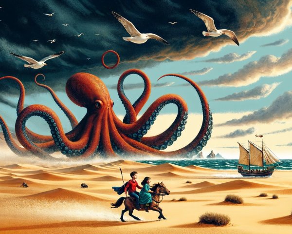 Giant Octopus in Surreal Desert Landscape with Riders