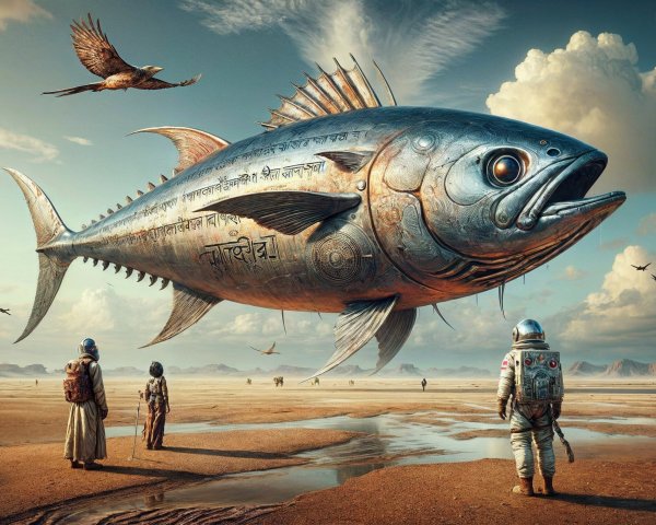 Colossal Metallic Fish Above Desert with Figures and Birds