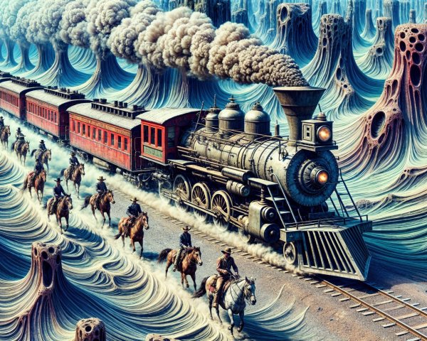 Vintage Steam Locomotive in Surreal Landscape Scene