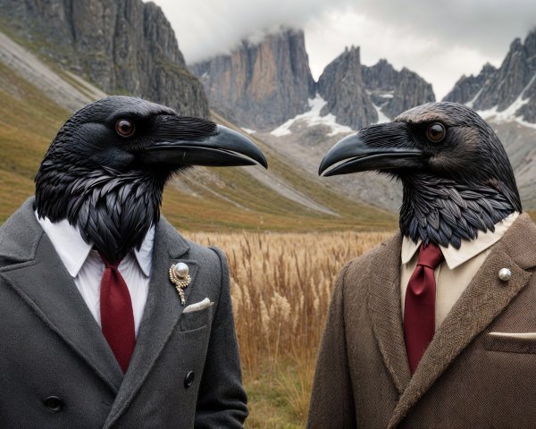 Surreal Landscape with Dressed Ravens and Mountains