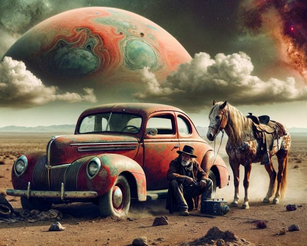 Surreal Landscape with Abandoned Car and Horse