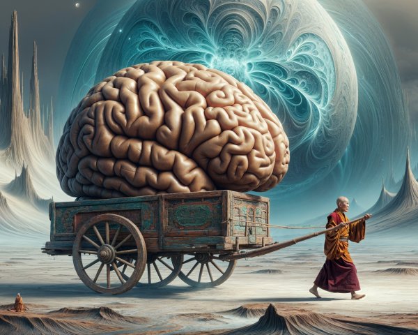 Monk with Cart and Oversized Brain in Surreal Landscape