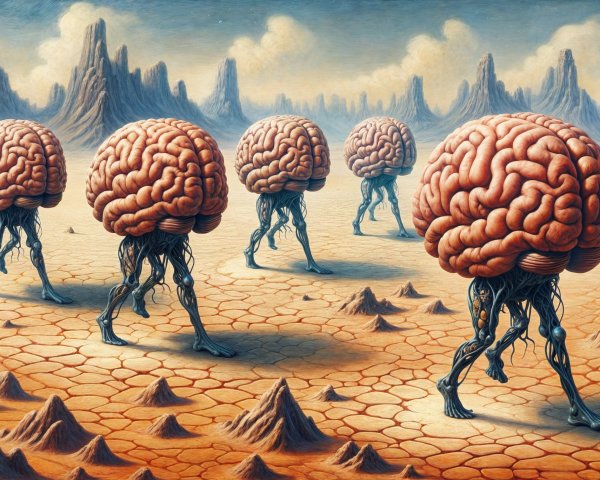 Surreal Landscape with Giant Brains on Skeletal Legs