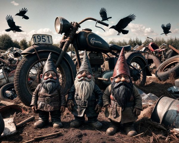 Whimsical Garden Gnomes in a Cluttered Junkyard Scene