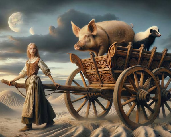 Blonde Woman Pulling Cart with Animals in Desert Landscape