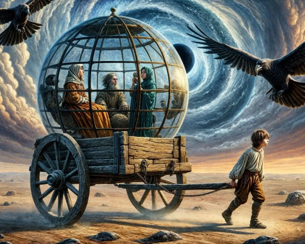 Surreal Landscape with Boy, Cart, and Vortex