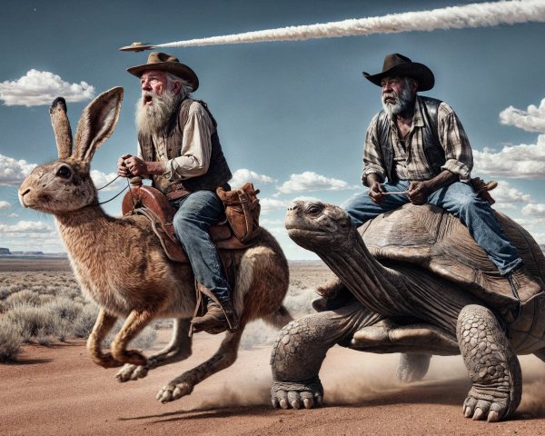 Cowboys Riding Unusual Animals in Dusty Landscape