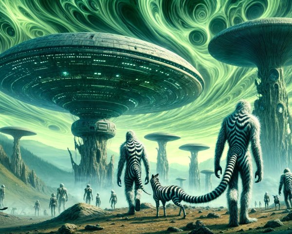 Surreal Alien Landscape with Towering Mushrooms and Figures