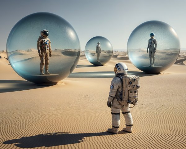 Astronauts in Transparent Spheres in Desert Landscape