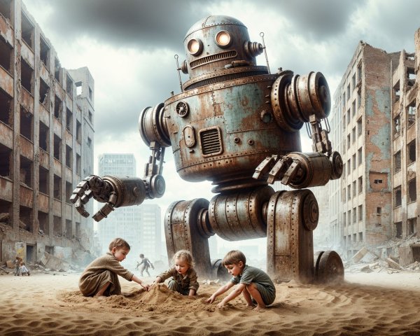 Children Playing in Sand with Vintage Robot Nearby