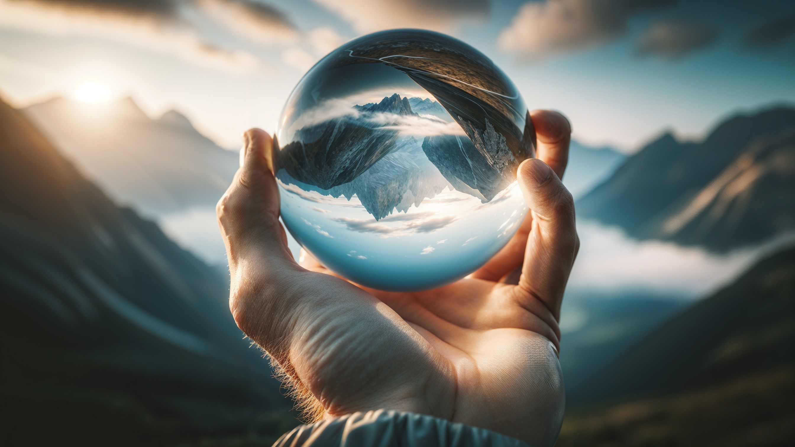 Crystal Sphere Reflecting Mountain Peaks and Clouds