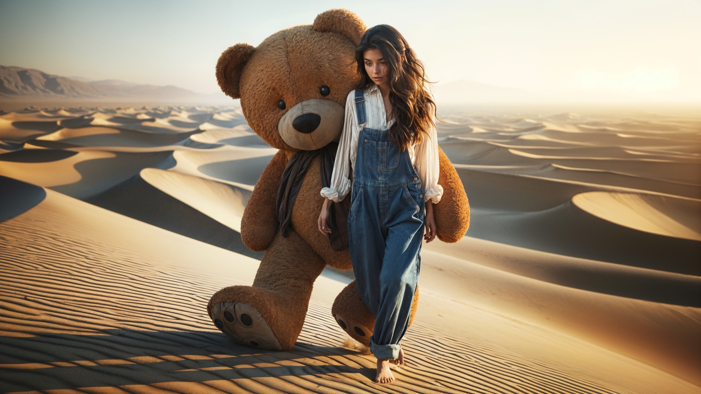 Young girl and teddy bear in a desert landscape
