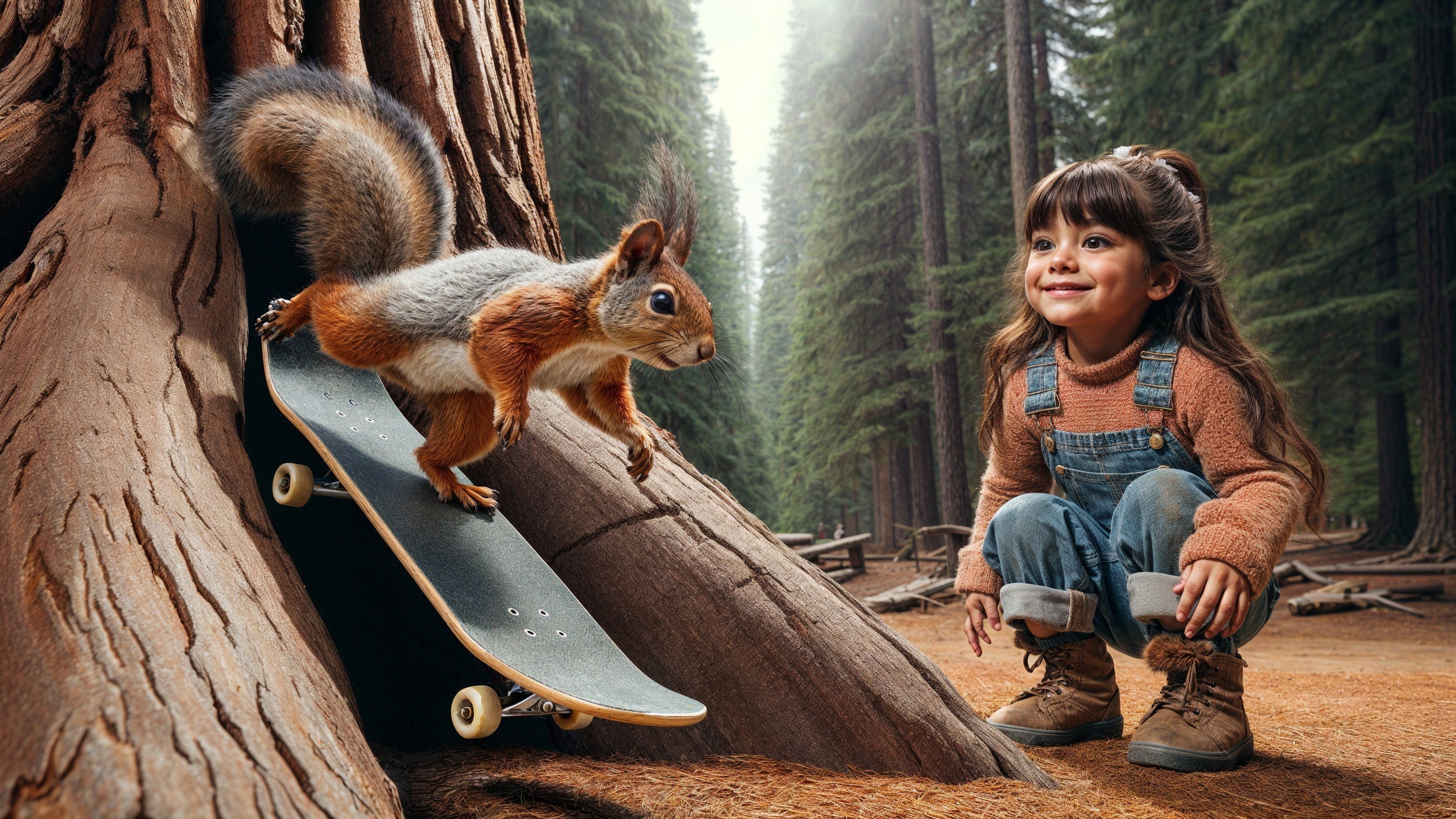 Young Girl Observes Squirrel Skateboarding in Forest