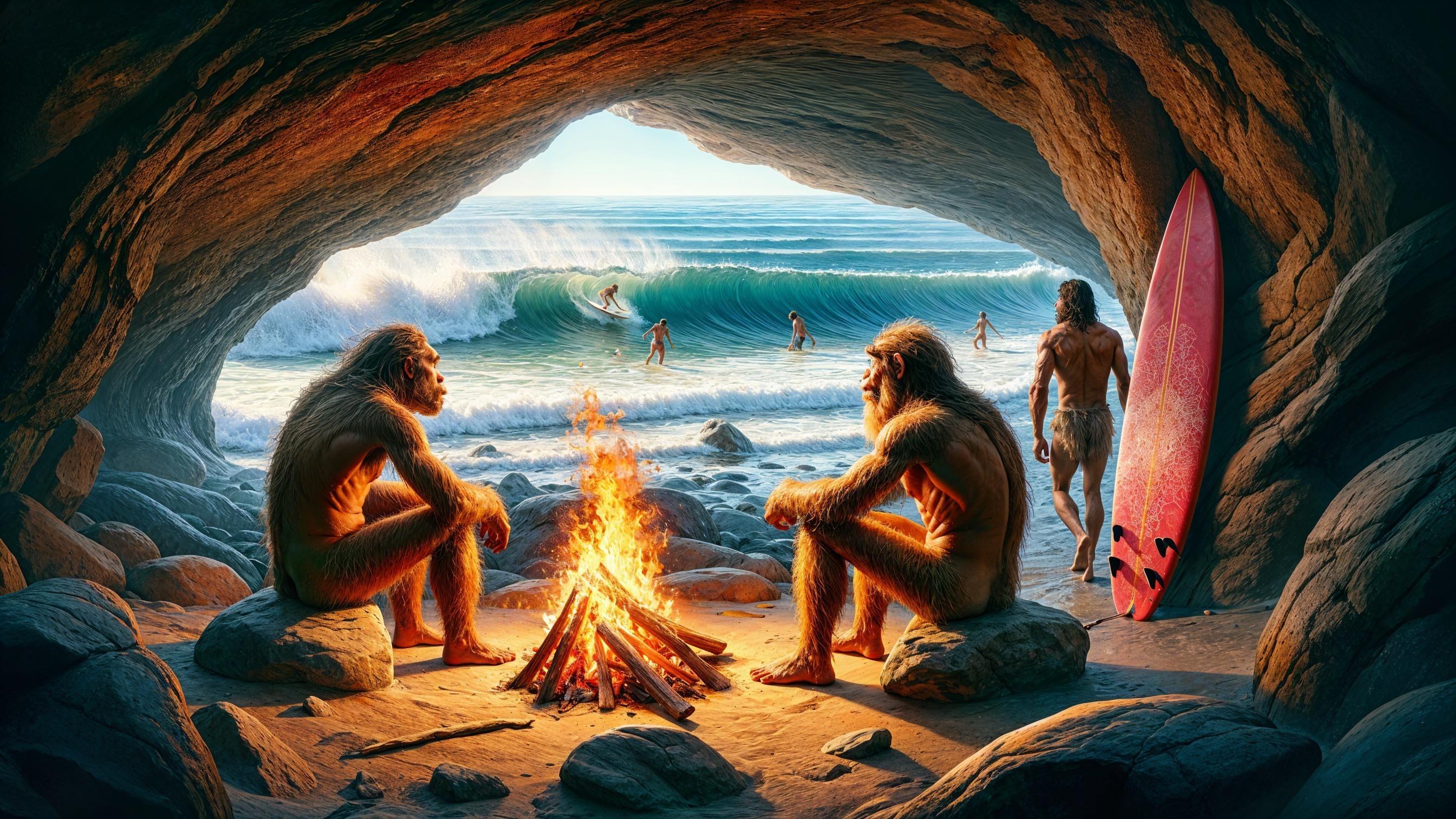 Prehistoric Figures in Cave Watching Modern Surfers