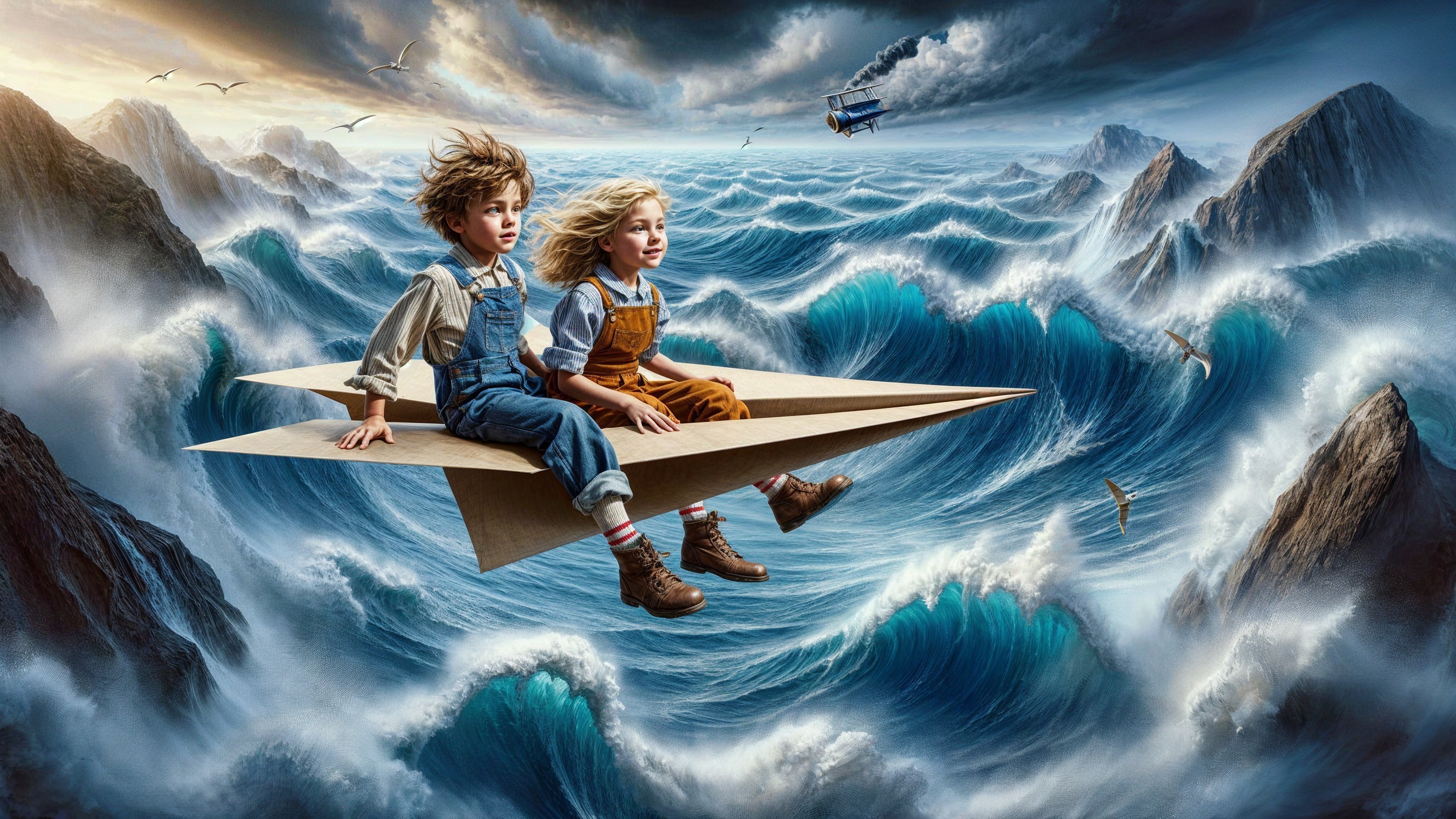 Children Flying on a Giant Paper Airplane Over Ocean