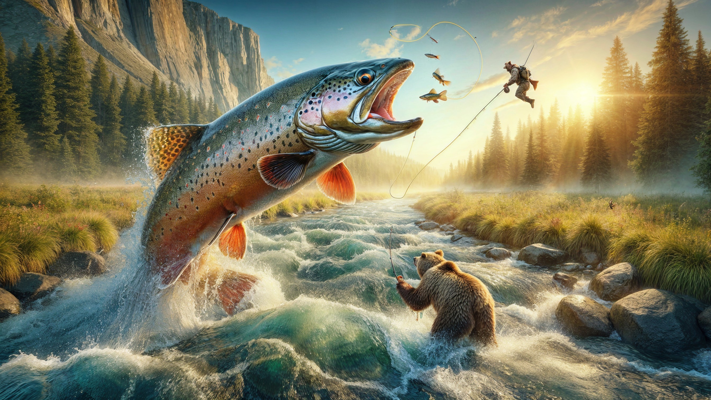 Rainbow Trout Leaping in Serene River Landscape