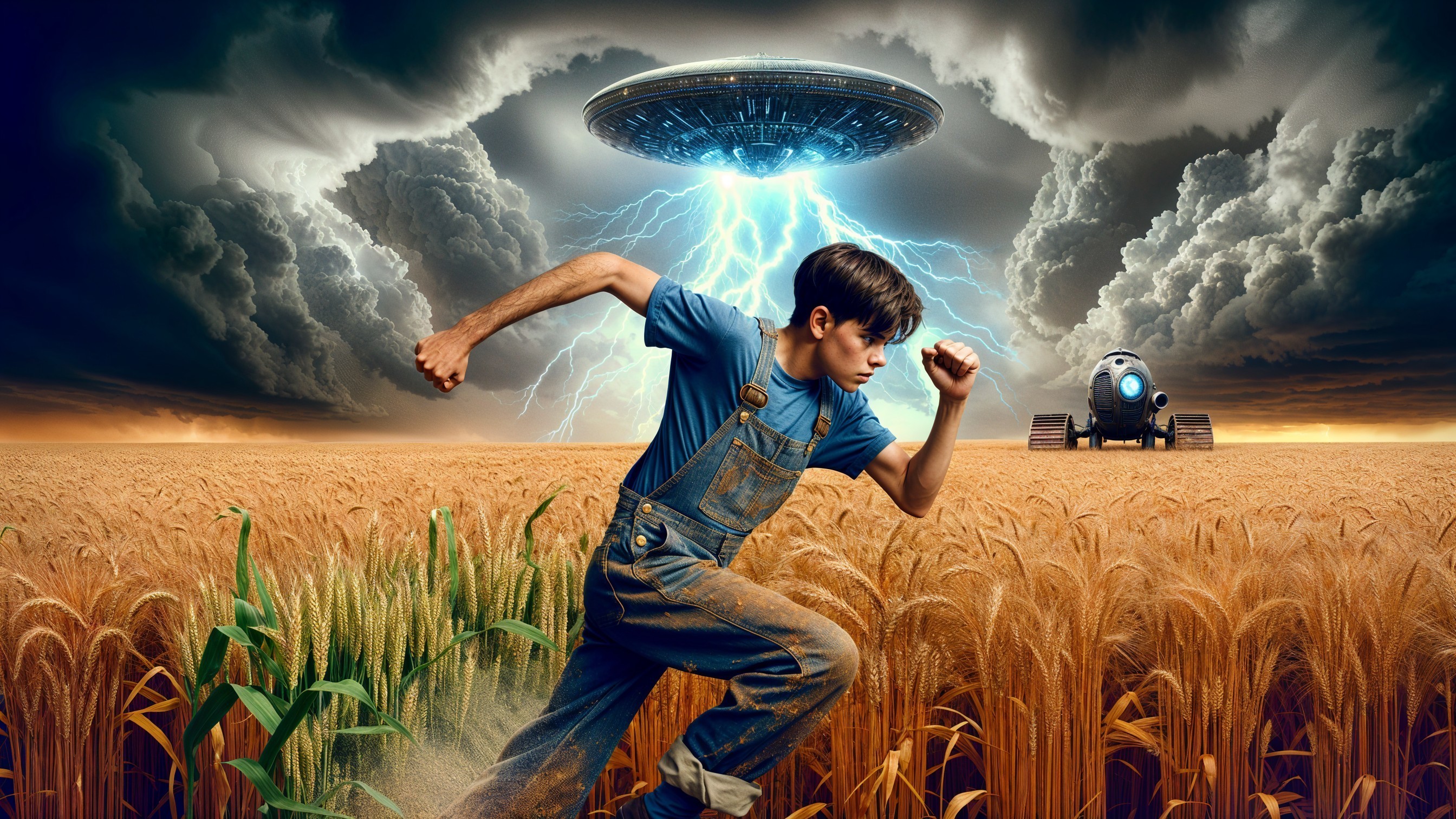 Young boy in overalls runs from UFO in wheat field