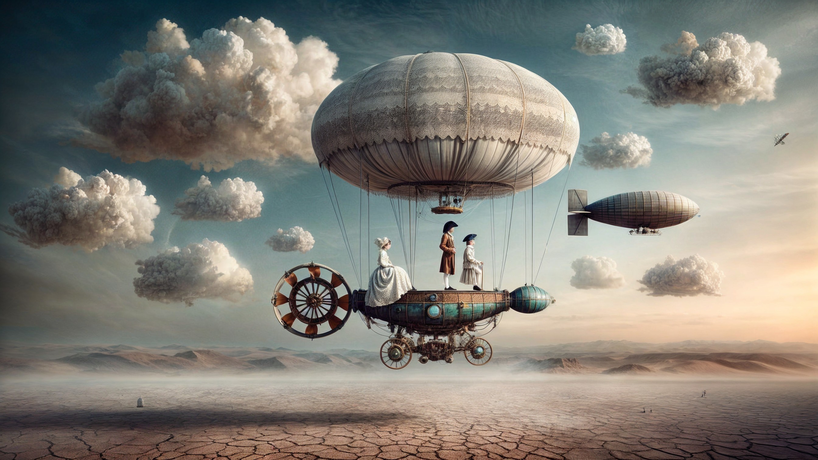 Vintage Hot Air Balloon Over Desolate Landscape