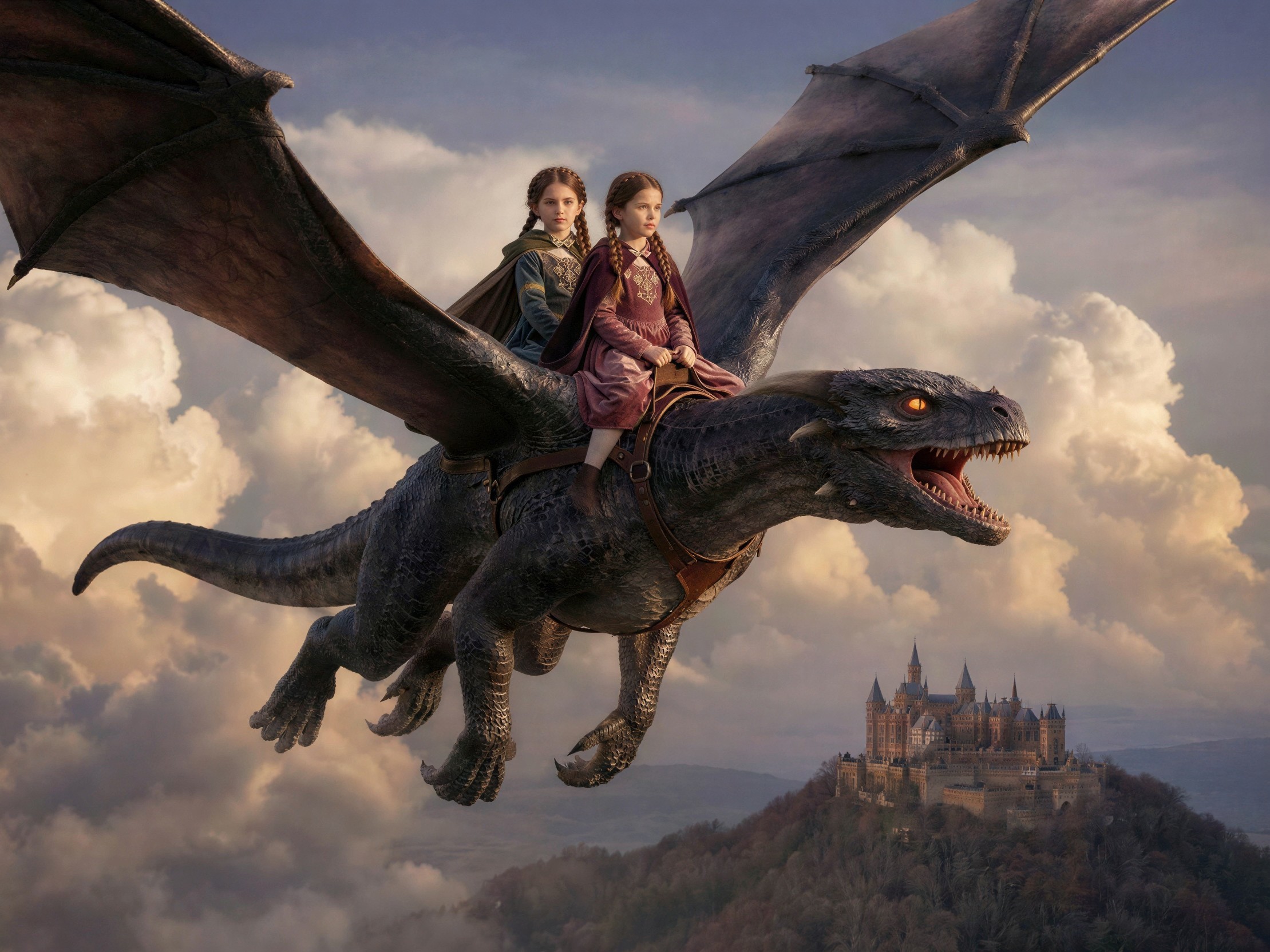 Young girls riding a dragon in a medieval landscape
